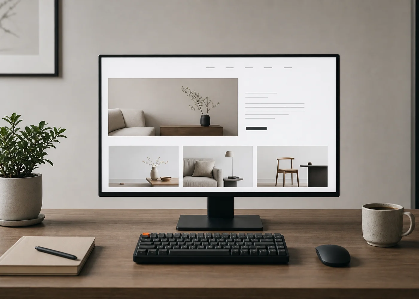 Setup de escritorio con un monitor mostrando una web limpia y bien diseñada.